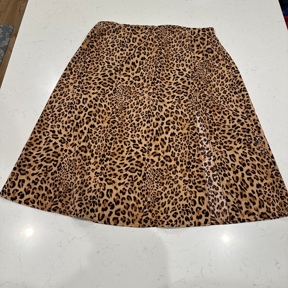 SHEIN Curve Leopard Print Midi Skirt Plus Size 2XL High Waist Slit Tan Brown